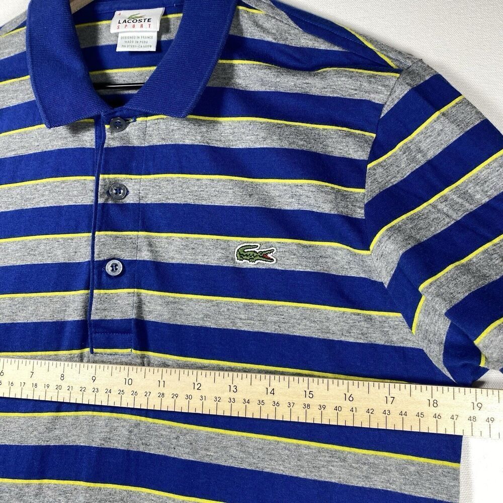 VINTAGE Lacoste Sport Polo Men Size 4 Medium Shirt Grey Blue Striped Classic Fit - Picture 6 of 7